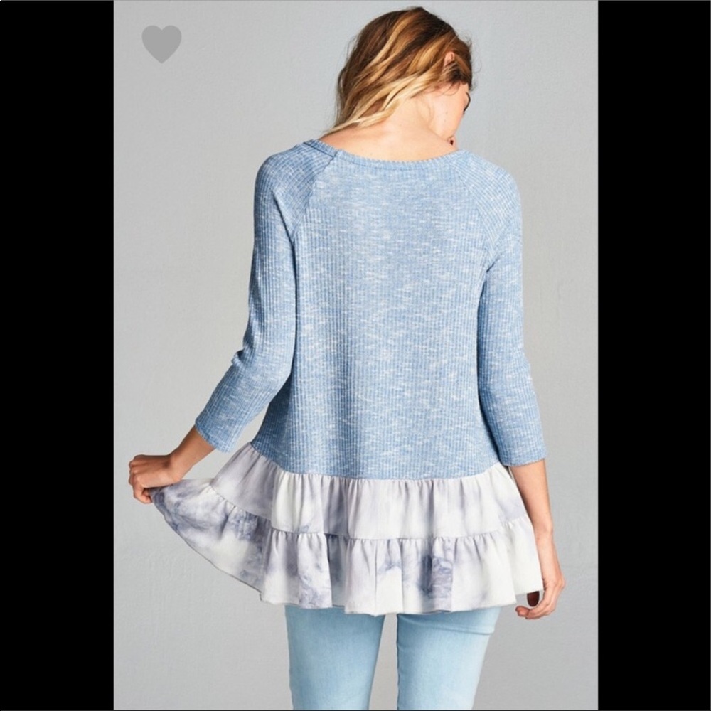 3/4 sleeve rib knit top with ruffle contrast hem - Picture 4 of 7